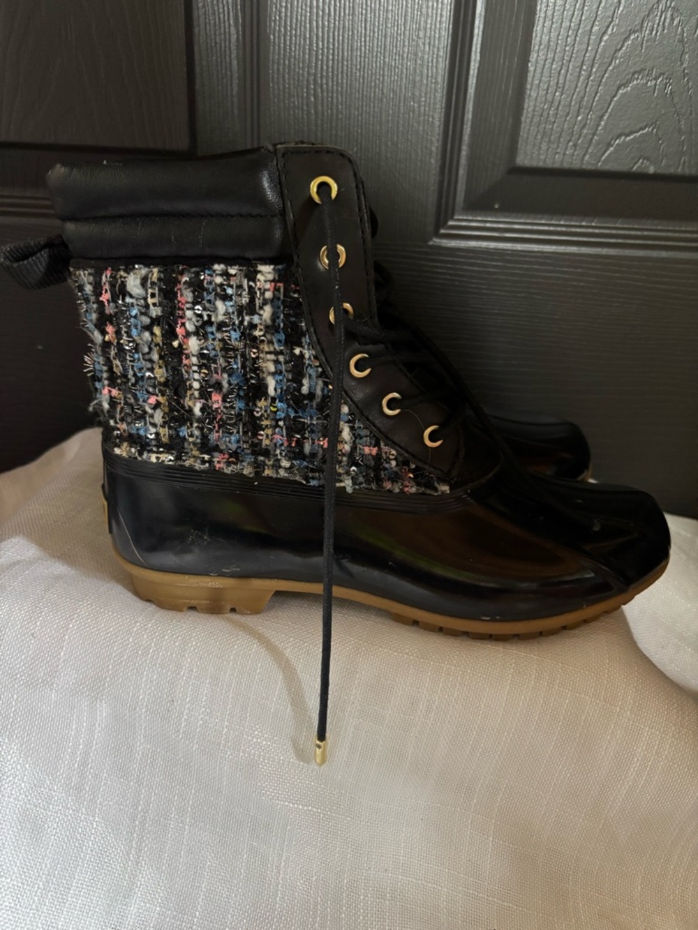Sam Edelman Black Gloss Tweed-Accent Lace-Up Rain Booties